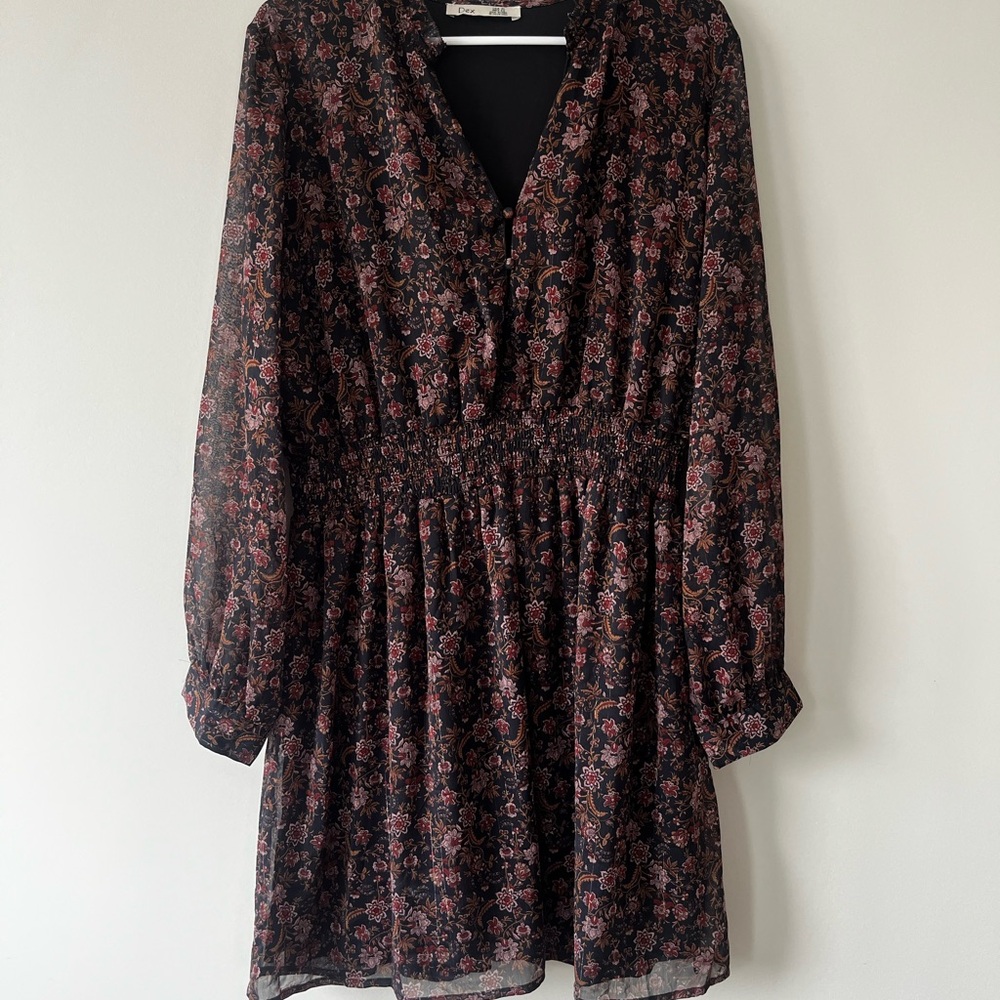 Dex Black Floral Long Sleeve V-Neck Dress with Pink Accents
